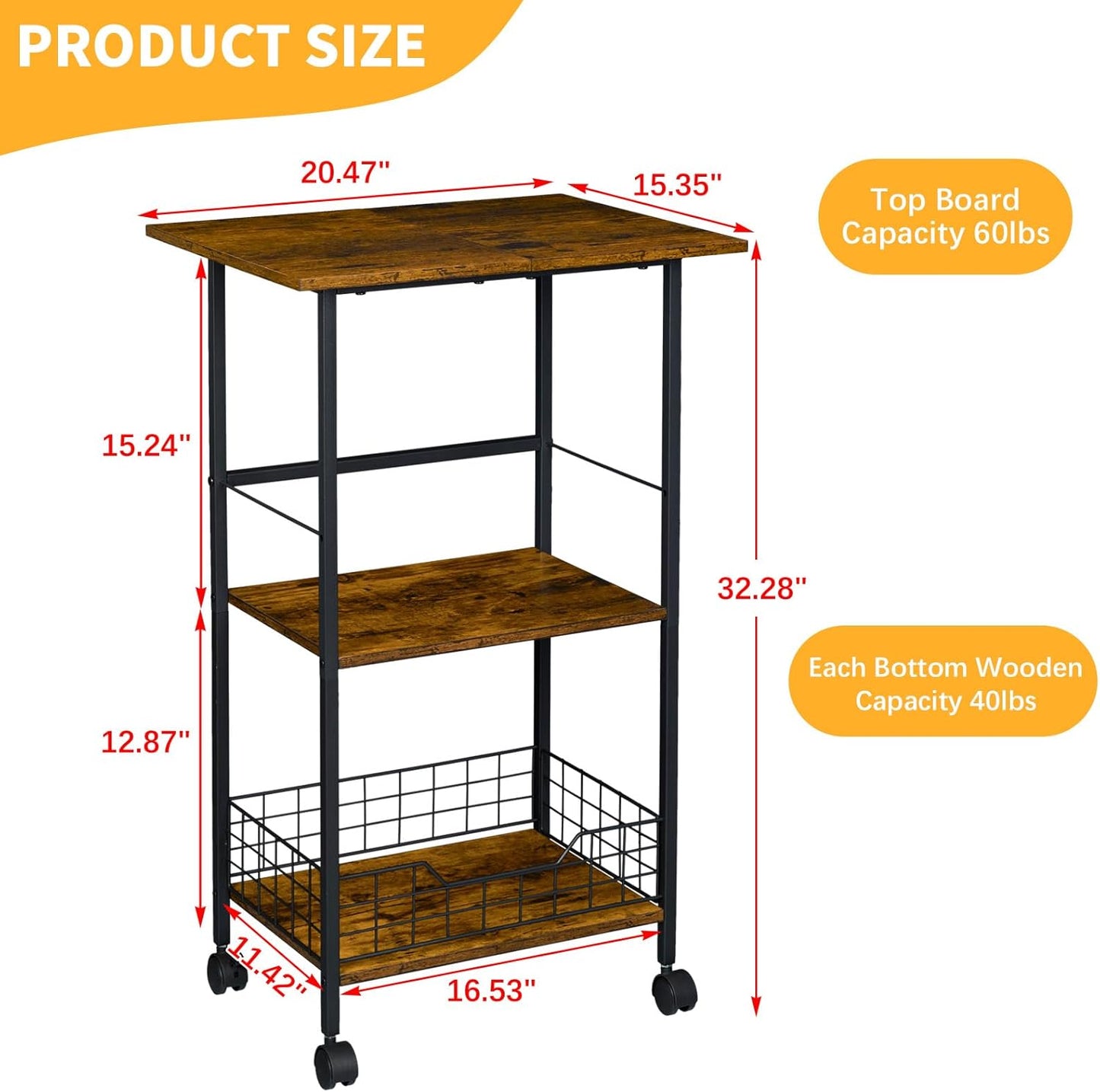 Microwave Cart with Storage, 3-Tier Rolling Kitchen Stand with Wire Basket, Wood and Metal Utility Cart on Wheels, Coffee Bar Station, Small Baker’s Rack As Kitchen Island, Microwave Shelf Organizer