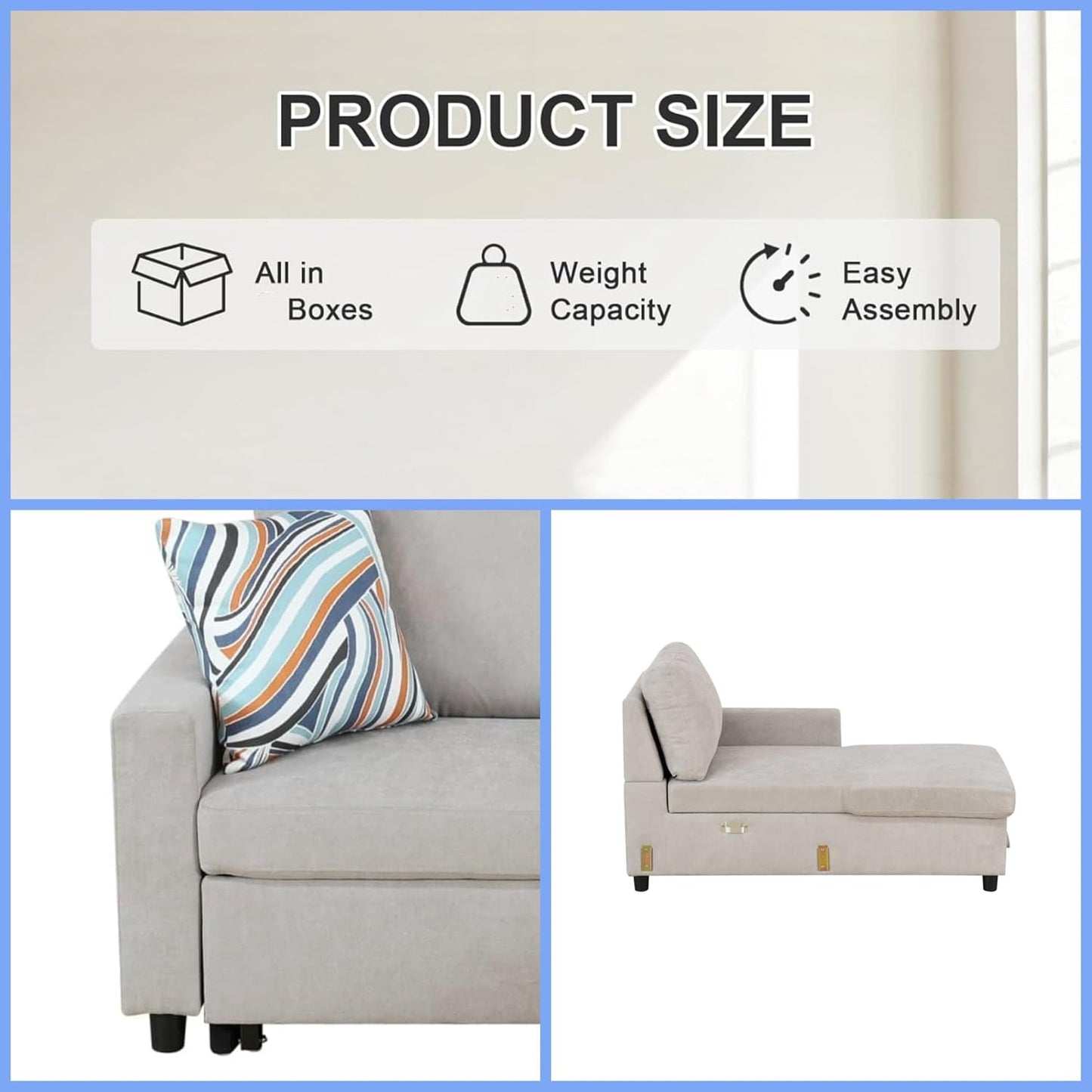 Sofa Bed Pull Out Couch, Convertible L Shaped Sleeper Sofa with Storage Chaise, Modern Lounge Small Sectional Couches for Living Room Small Spaces, Grey