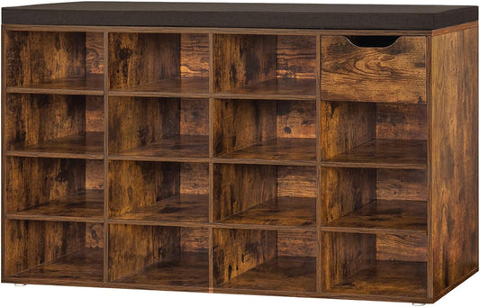 DINZI LVJ Shoe Bench, Entryway Storage Bench with Drawer and 15 Cubbies, Cubby Shoe Rack with Adjustable Shelves, Shoe Organizer Cabinet for Living Room, Bedroom, Mudroom and Garage, Rustic Brown