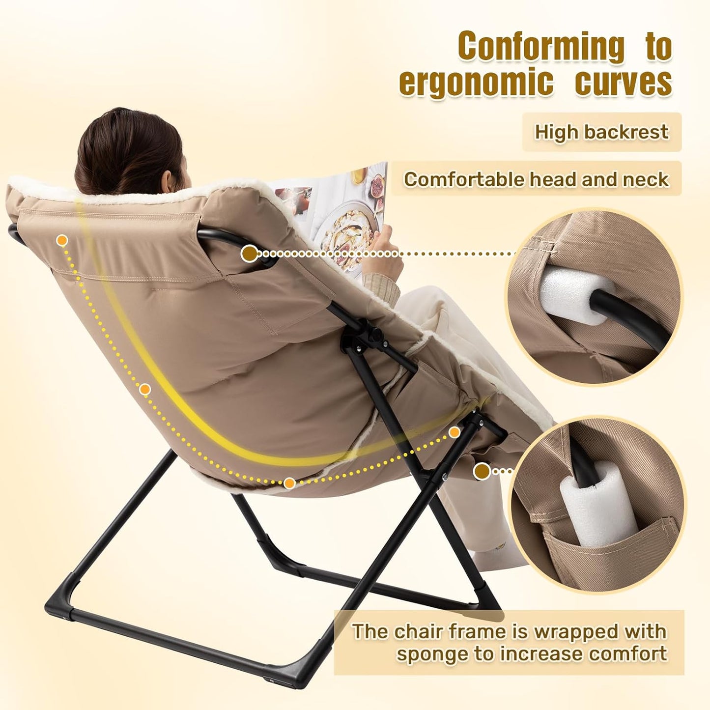 HollyHOME X-Large Saucer Chair with Foldable Ottoman, Comfy Oversized Folding Chair and Folding Footrest Stool Set, Faux-Fur Reading Chair and Footstool for Living Room, Bedroom, Beige Chair&Stool