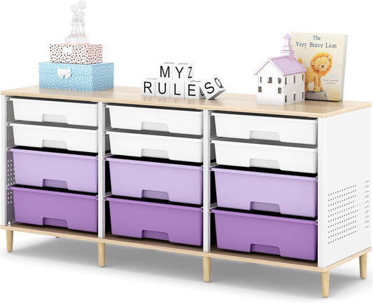 12-Drawer Storage Cabinet with Wooden Tabletop, Versatile Cube Storage Organizer Bin Storage for Home, Office, Playroom, Classroom & Craft Room Storage (Gradient Purple)