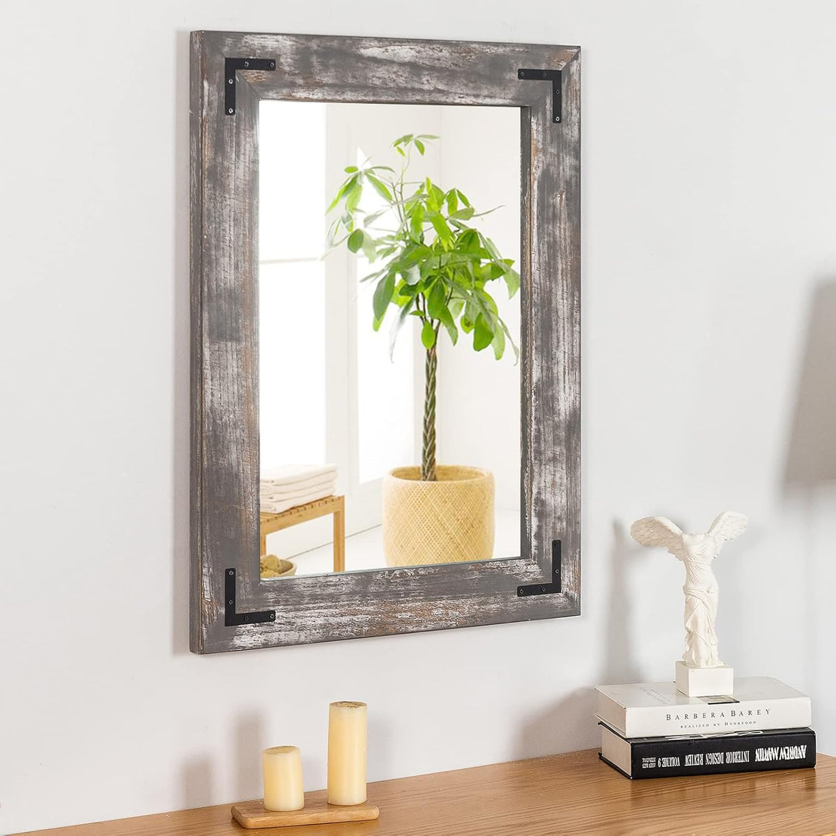 YOSHOOT Rustic Wooden Framed Wall Mirror, 40"x30", Natural Wood Bathroom Vanity Mirror for Farmhouse Decor, Vertical or Horizontal Hanging