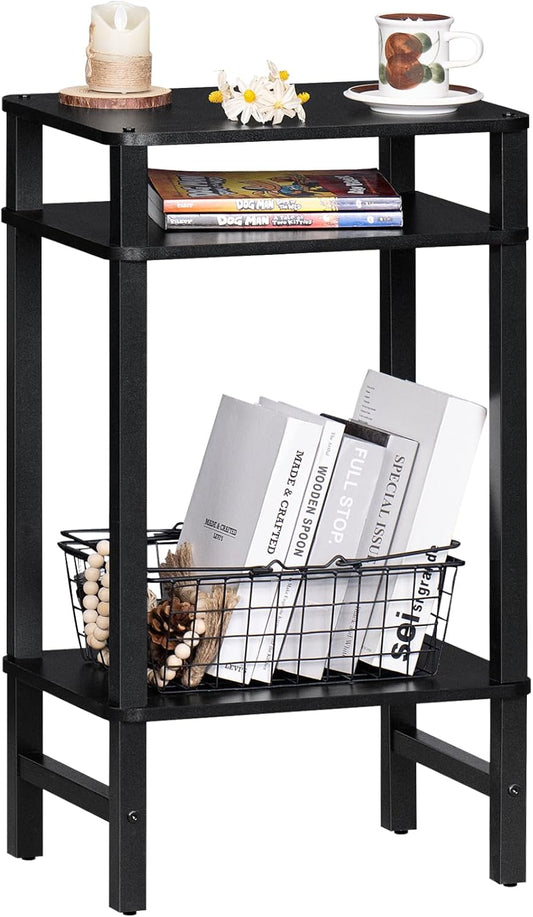 28in Tall Side Table 3-Tier Small Narrow End Table for Couch, Skinny Nightstand for Small Space, Farmhouse Slim Night Stand with Storage, Wooden Frame Thin Bedside Table, for Living Room, Black