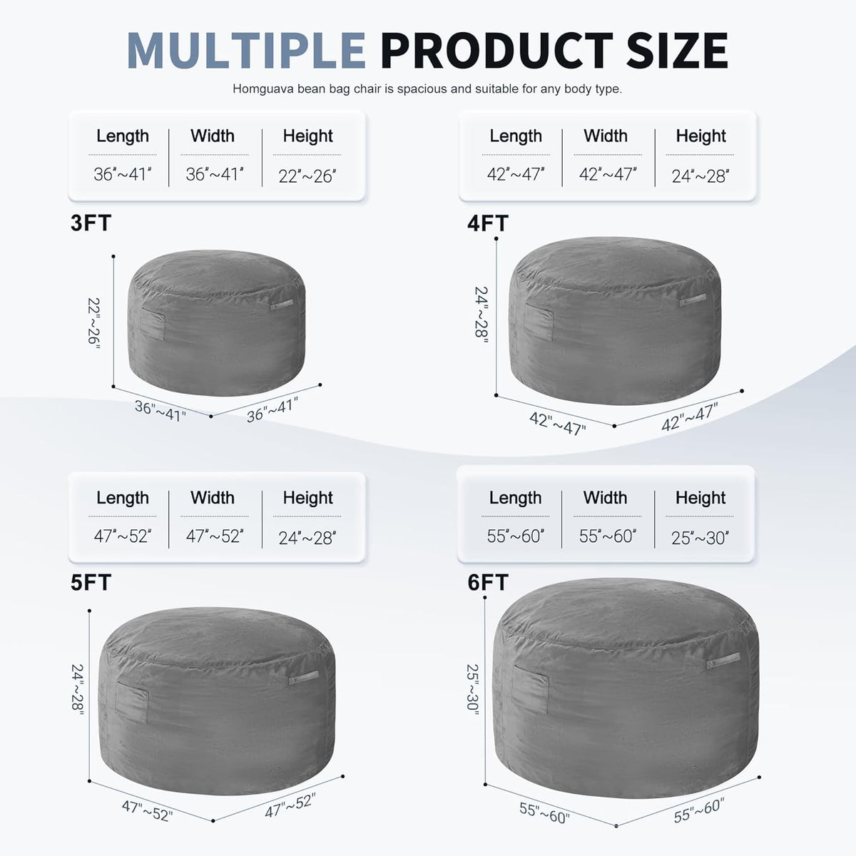 Homguava 3FT Bean Bag Chair: 3' Bean Bags with Memory Foam Filled, Large Beanbag Chairs Soft Sofa with Dutch Velvet Cover-Grey