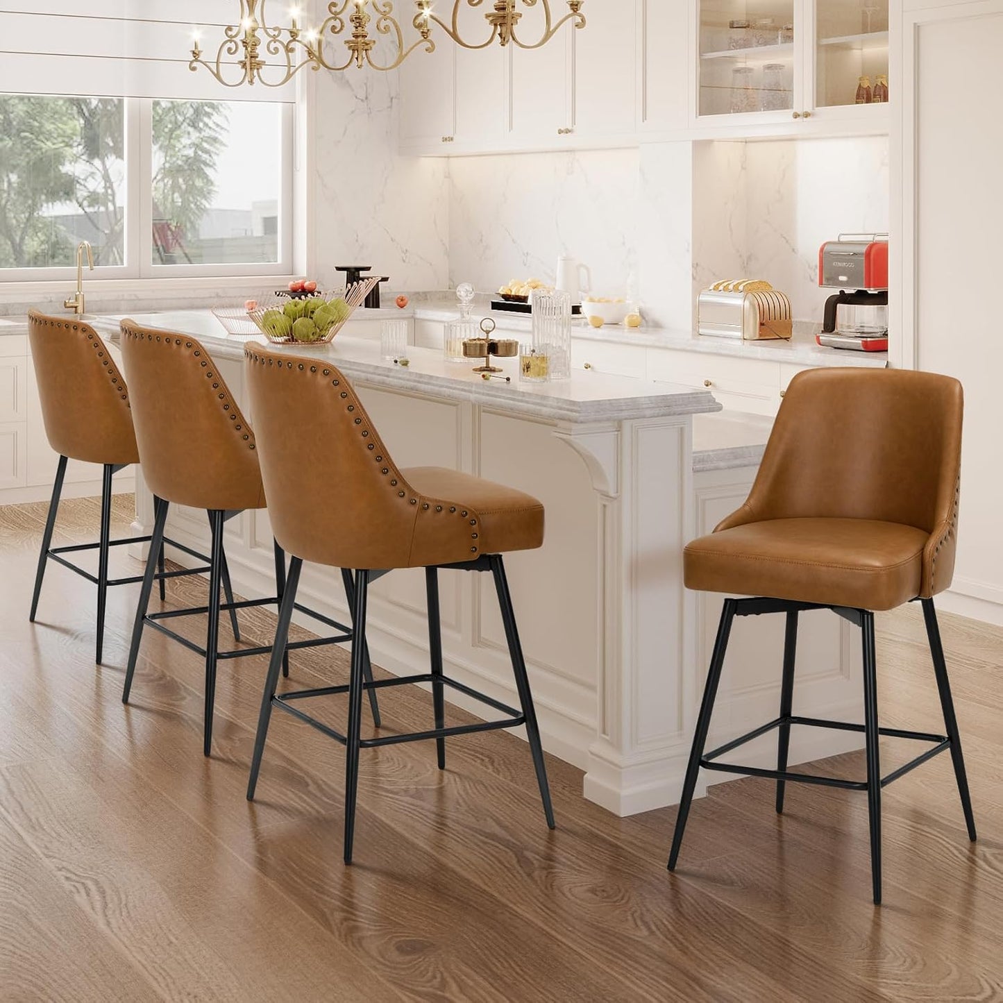 COLAMY Bar Stools Set of 4, 26.18" Counter Height Swivel Stools with Thick Padded Seat, Adjustable Footrest & 360° Rotation, Premium PU Leather Upholstery for Kitchen Island/Home Bar/Cafe, Brown