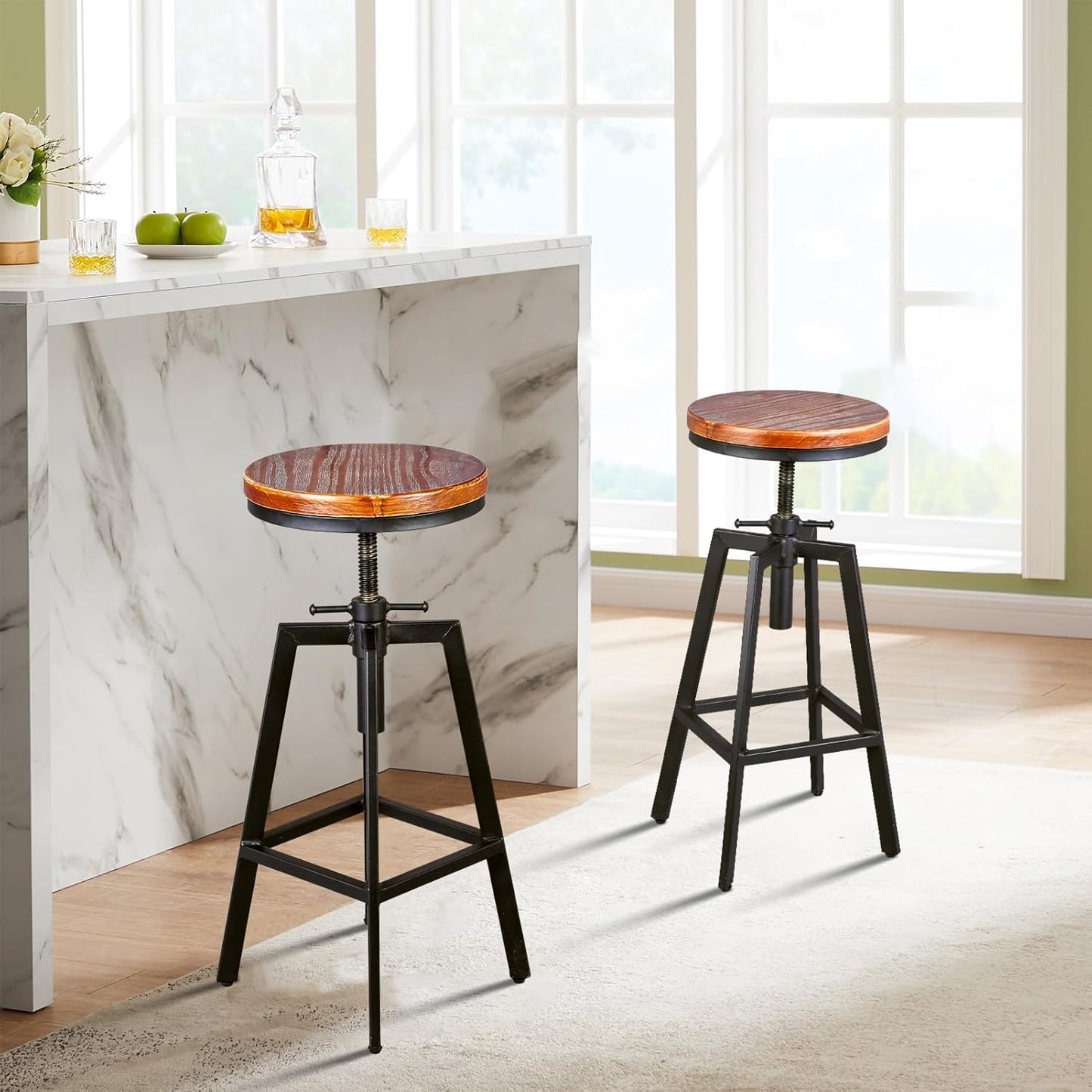Set of 2 Vintage Bar Stools 25.6-31.5inch Height Adjustable Farmhouse Dinning Stool Swivel Wooden Seat Kitchen Island Counter Chair