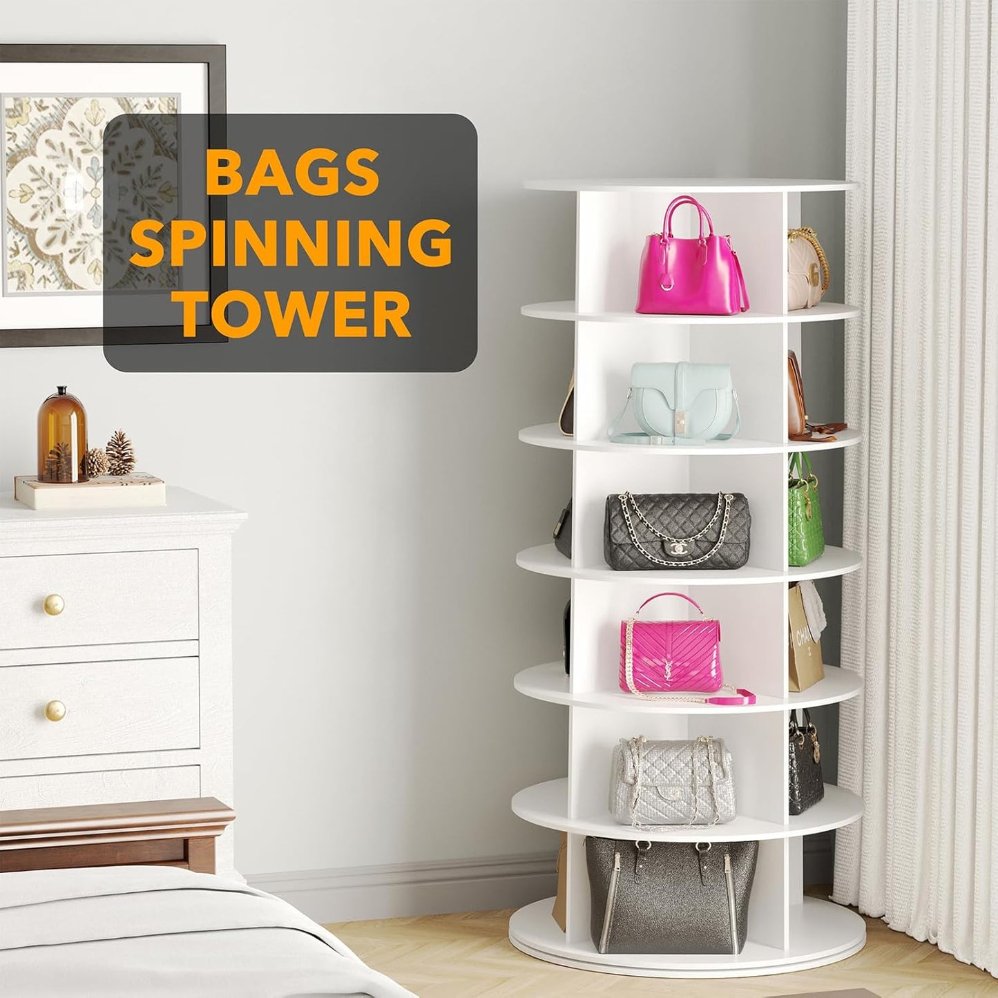 SpaceAid 6 Tier Rotating Shoe Rack Tower, Spinning Shoe Display Lazy Susan, Revolving 360 Shoe Rack Storage Round Carousel, Vertical Handbag Rotate Shoes Closet Organization (6-Tier White)