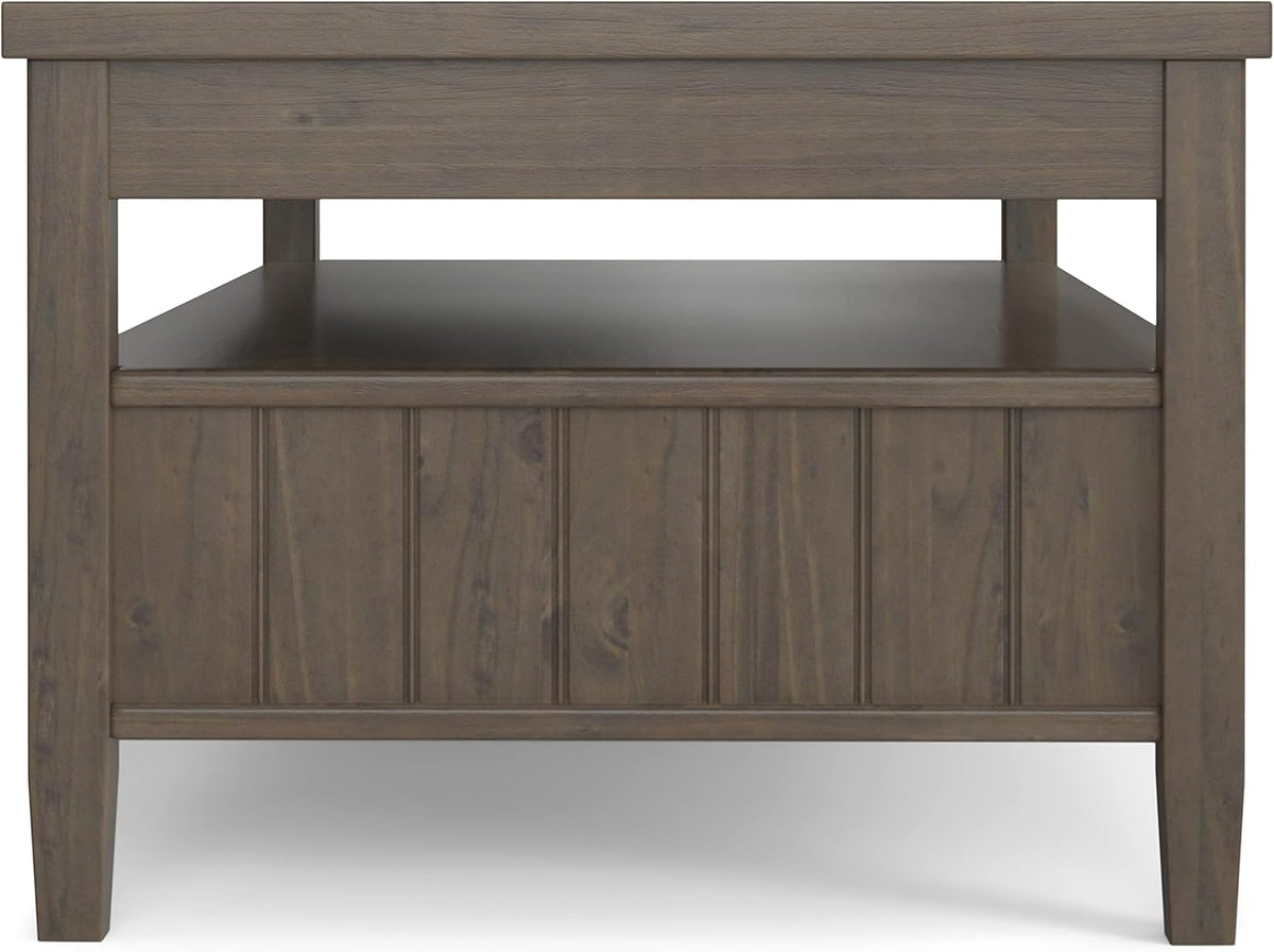 SIMPLIHOME Lev Lift Top Coffee Table - 48 inch Wide Solid Wood Rectangle Living Room Table in Smoky Brown, Transitional Cocktail Table for Family Room with Hidden Storage and Open Shelf