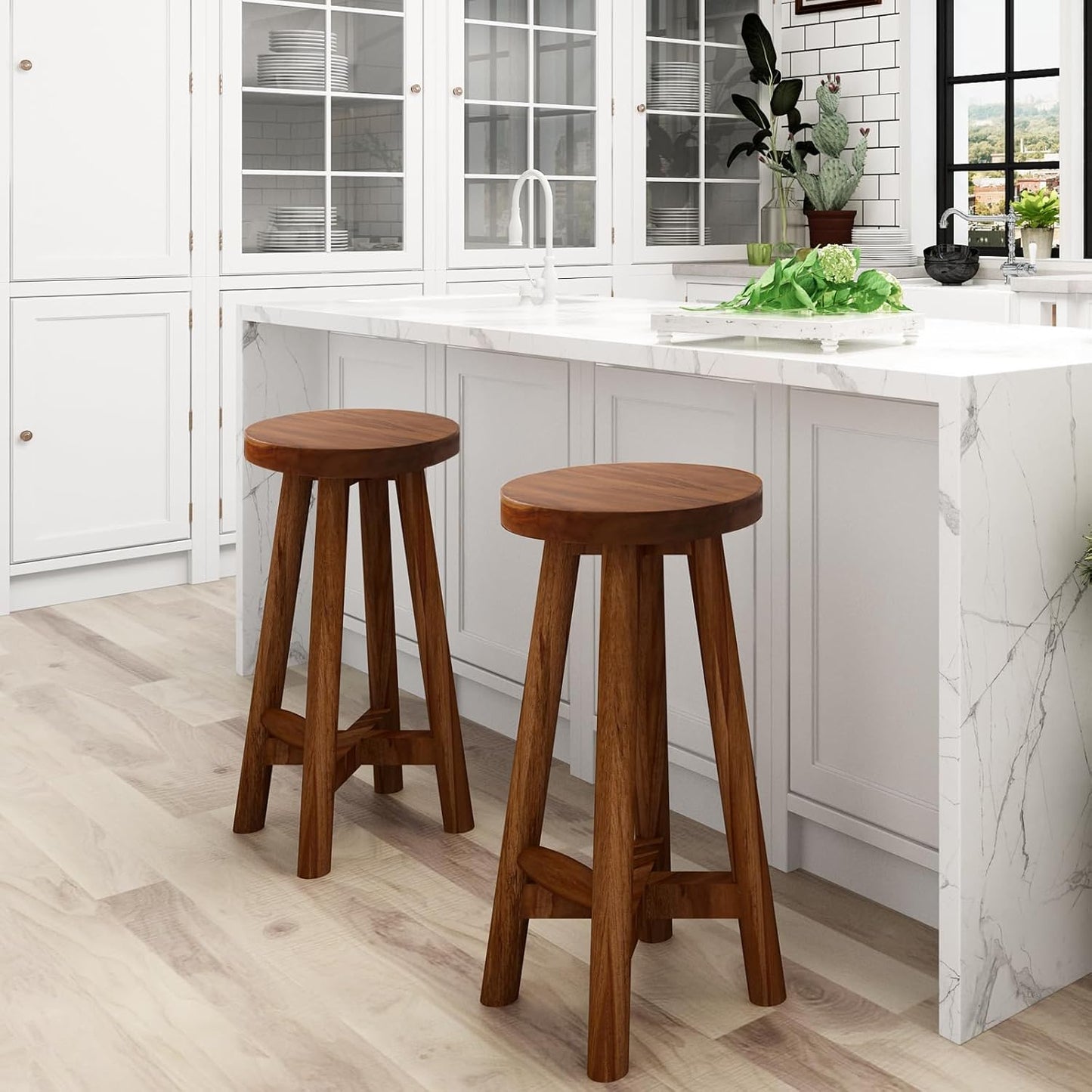Bar Stool with Round Seat for Kitchen Island Counter, Solid Teak Wood Barstool in Espresso Finish, Home Bar Furniture, 29-Inch Height
