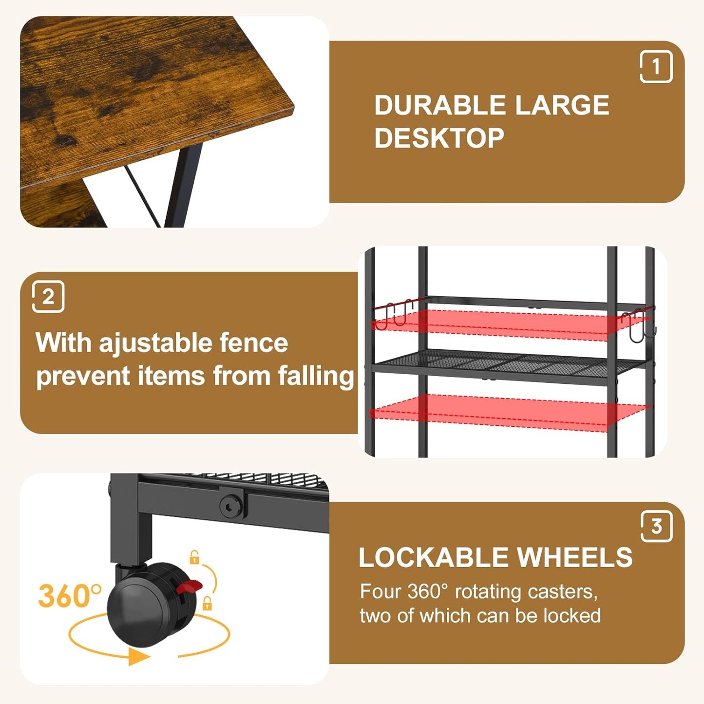Rolling Kitchen Microwave Stand, 3-Tier Microwave Cart Table with Wood Top and Wire Basket, Coffee Bar Table on Lockable Wheels, Small Baker’s Rack Shelf Organizer for Kitchen, Dining Room, Office