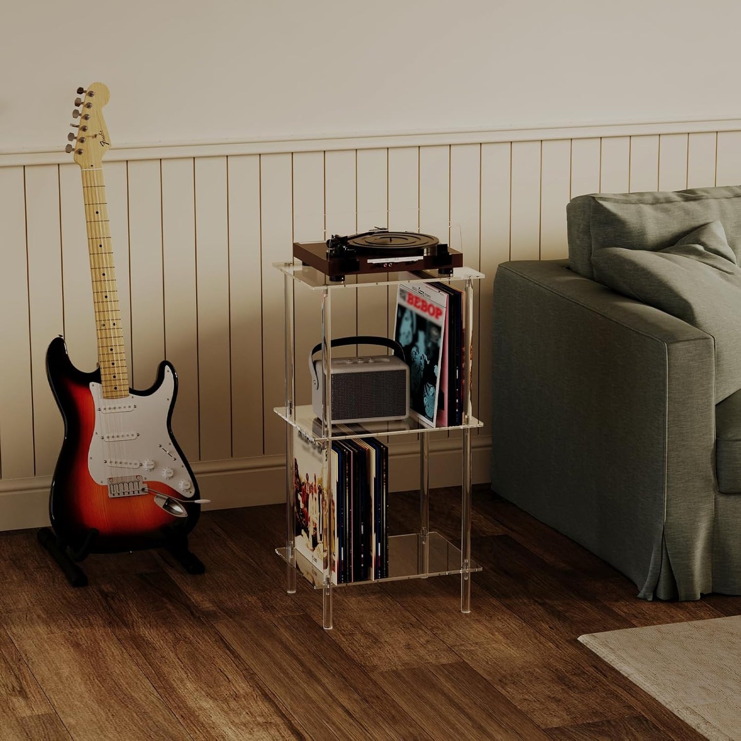 HMYHUM Acrylic Record Player Stand, Turntable Stand with Vinyl Record Storage, Tall Side Table/End Table for Living Room, Bedroom, 3-Tier, Modern, 15.7" L x 11.8" W x 30.8" H, Clear