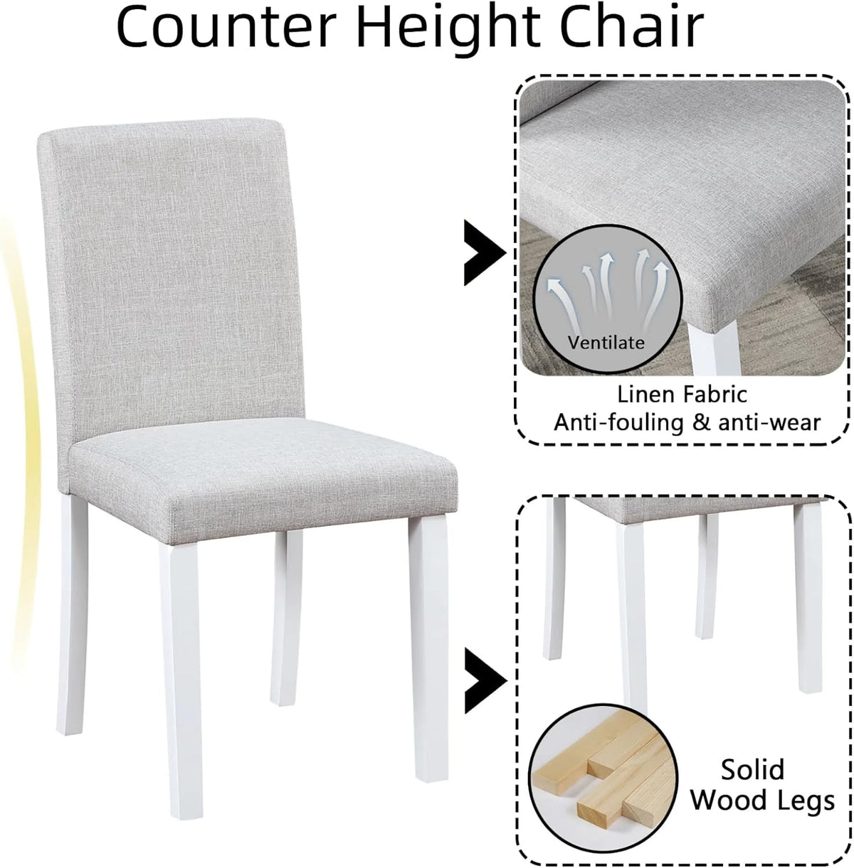 Dining Table Set for 4, 5-Piece Dining Room Table Set with Square Crystal Decoration Table & 4 Upholstered Backrest Chairs, Counter Height Kitchen Sets with Faux Wood Grain Design, White