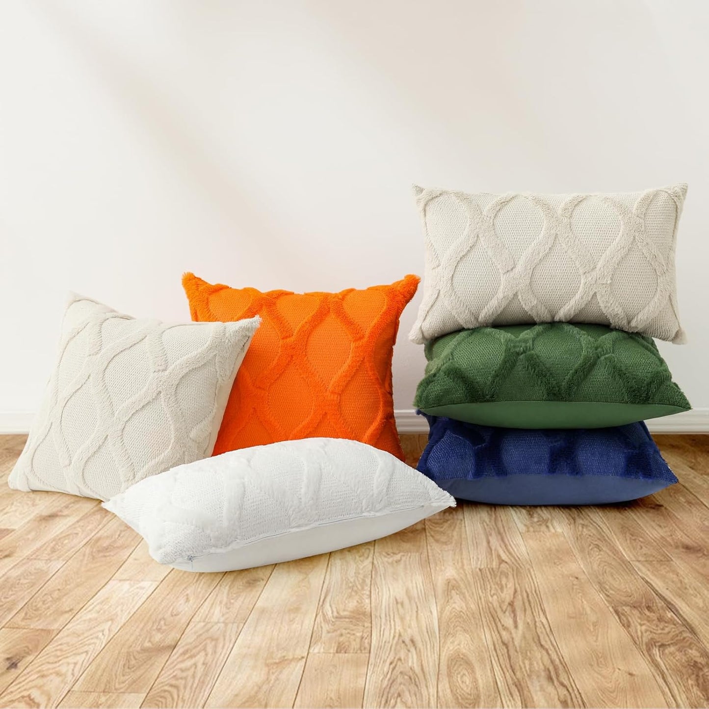 decorUhome Fall Throw Pillow Covers 18x18 Inch Set of 2, Soft Plush Faux Fur Wool Orange Couch Pillow Covers, Decorative Neutral Pillow Cases for Bed Sofa Living Room Home Decor