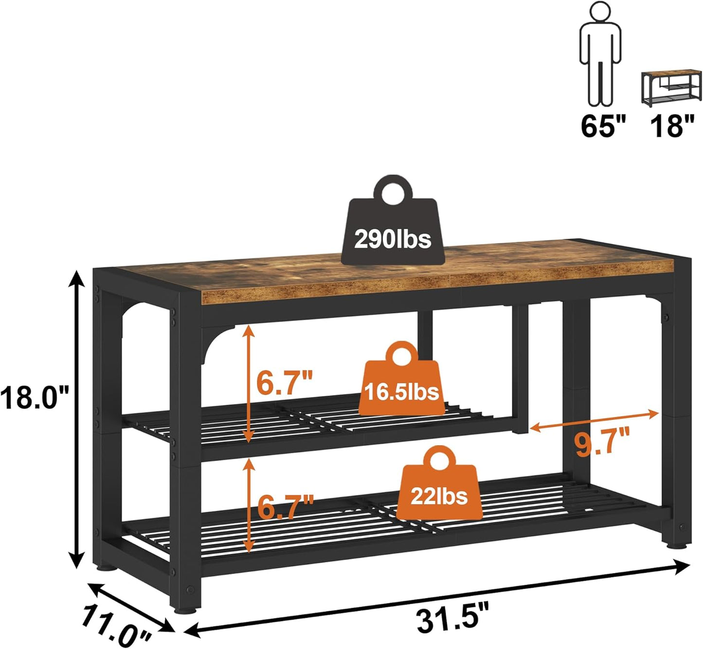 HOMEFORT Shoe Bench,3 Tiers Shoe Rack Bench,31.5" Shoe Storage Bench for Entryway, Retro Industrial Entry Bench with Mesh Shelves and Boot Storage,for Front Door Entrance, Rustic Brown