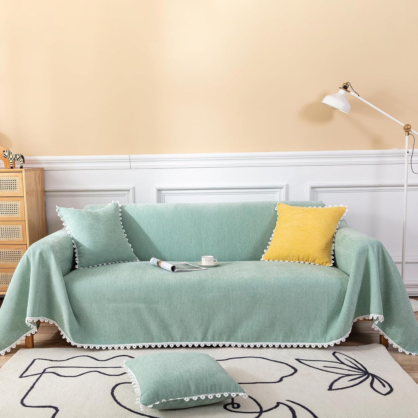 HANDONTIME Light Green Couch Covers for 3 Cushion Couch Sofa Cute Sofa Covers Chenille Couch Cover for Dogs Sectional Sofa L Shape Futon Couch (71" X134", Green)