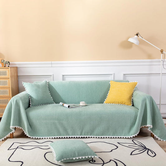 HANDONTIME Couch Cover for Sectional Sofa L Shape Light Green Cute Chenille Pet Couch Cover with Lace, Machine Washable, 71" X150