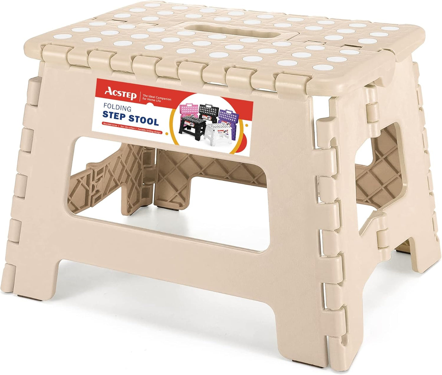 ACSTEP Folding Step Stool - 9 Inch Lightweight Plastic Non-Slip Foldable Stool for Kitchen, Bathroom, Bedroom - Khaki