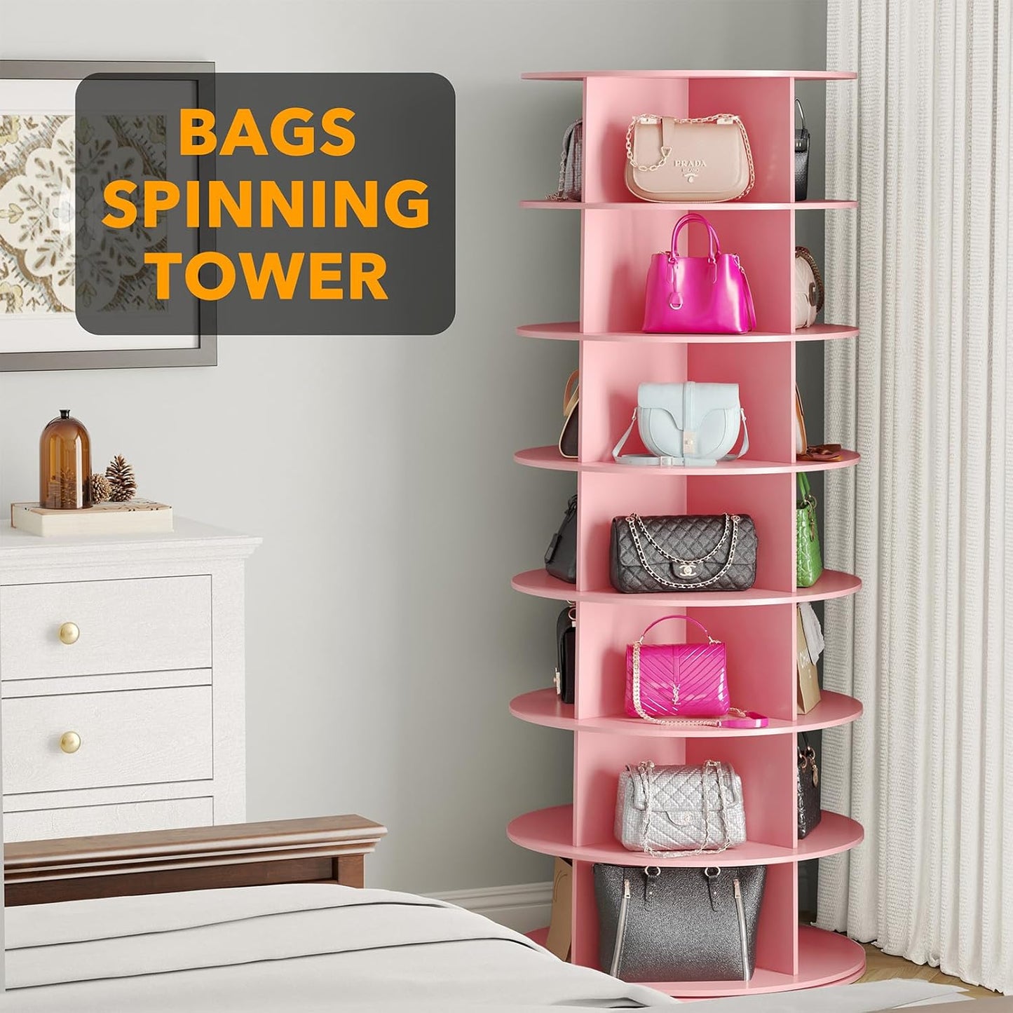SpaceAid 7 Tier Rotating Shoe Rack Tower, Spinning Shoe Display Lazy Susan, Revolving 360 Shoe Rack Storage Round Carousel, Vertical Handbag Rotate Shoes Closet Organization (7-Tier Pink)