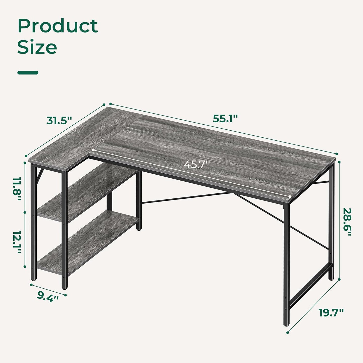 Huuger L Shaped Desk, 55 Inches Computer Desk with Reversible Storage Shelves, for Gaming Corner Home Office Writing Study, Metal Frame, Gray