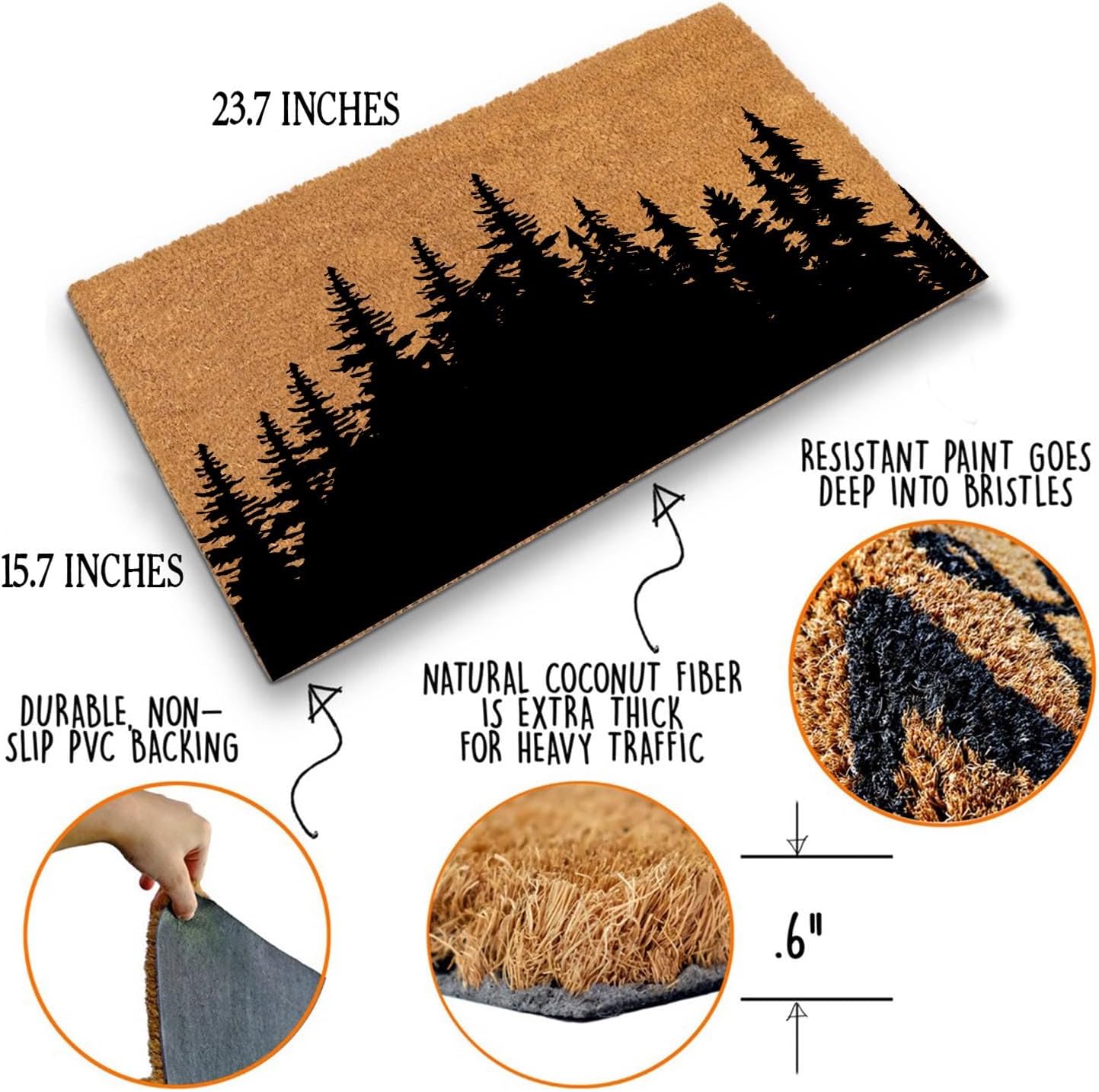Funny Coir Doormat Tree Line Forest Landscape Front Door Mats Entryway Outdoor Mat with Heavy Duty Front Porch Welcome Mats Entry Natural Coir Brown Prank Novelty Gift Outdoor Mat 23.7x15.7 inch