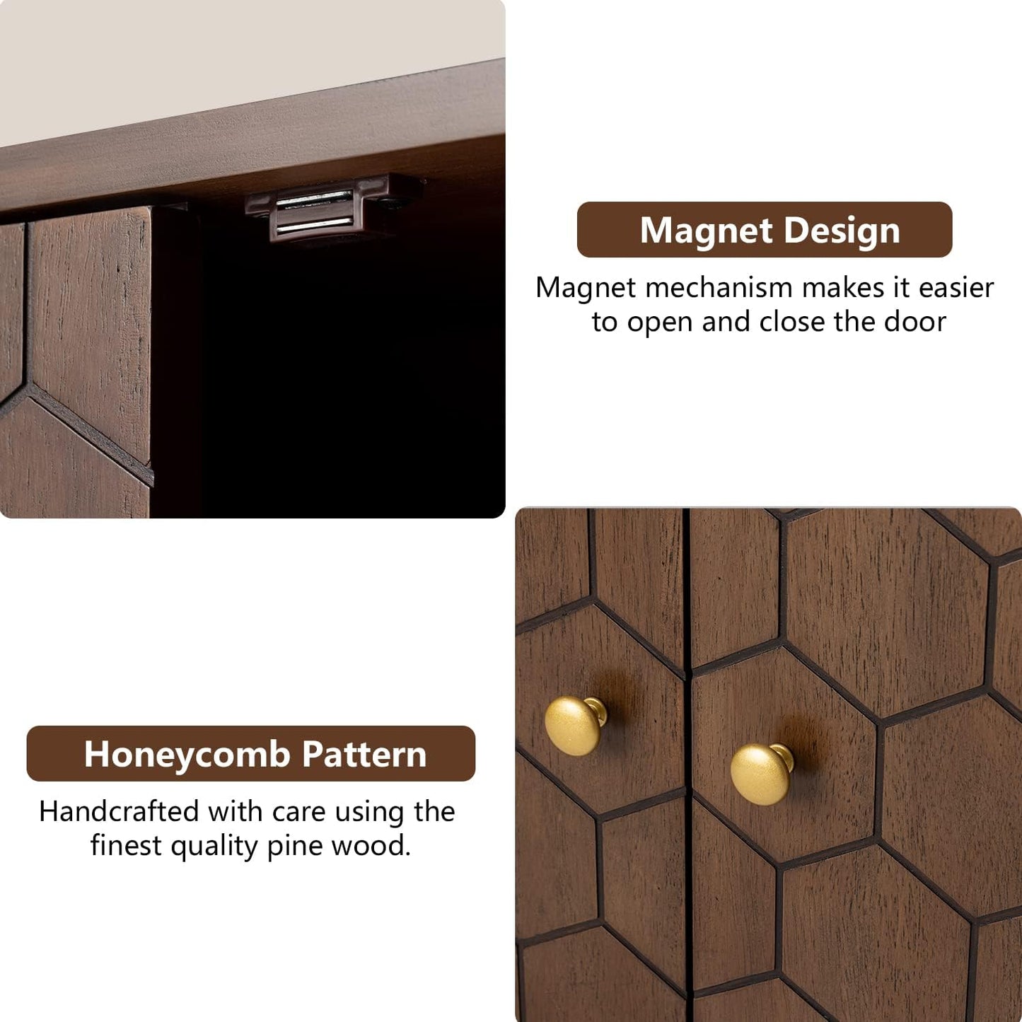 COSIEST Set of 2 32" Storage Sideboards with Doors, Accent Cabinets with Magnetic Push-to-Open Doors, Brown Honeycomb Pattern, Entryway Console for Living Room, Kitchen, Hallway