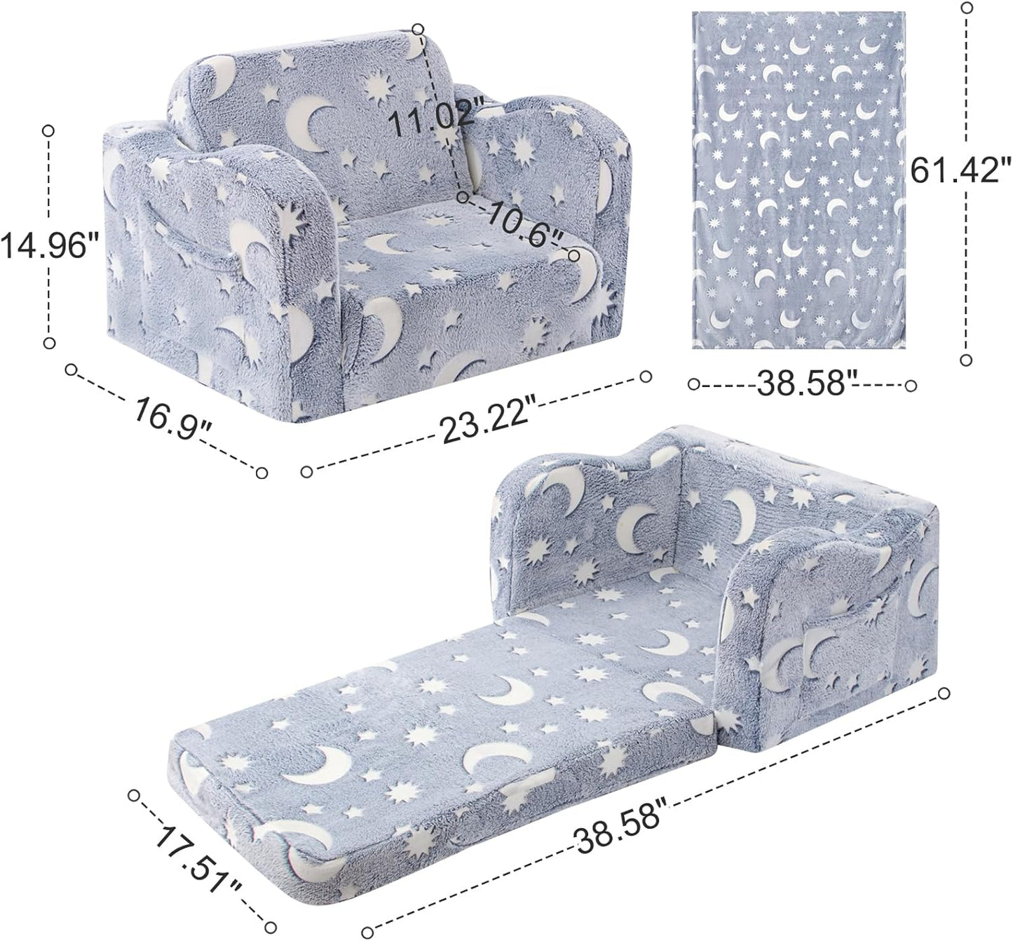 Kids Toddler Chair, 2-in-1 Toddler Couch Fold Out, Convertible Chairs for Toddlers Comfy Sofa to Lounger with Glow in The Dark Feature, Soft for Girls and Boys