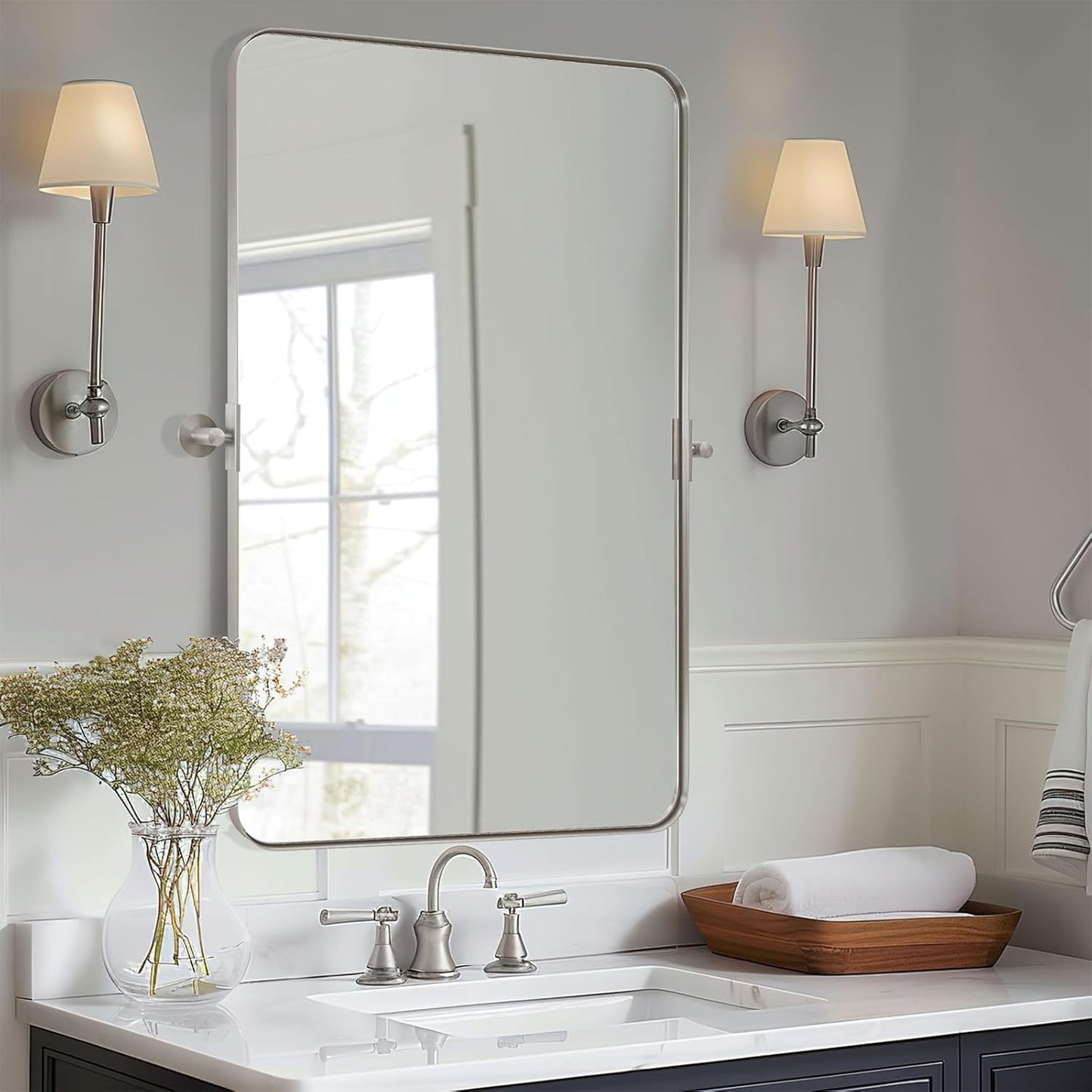 MOON MIRROR 24" x 36" Brushed Nickel Metal Framed Pivot Rectangle Bathroom Mirror, Silver Tilting Rounded Rectangular Vanity Mirror for Wall Mounted Hangs Vertical(Overall 27.75" x 36")