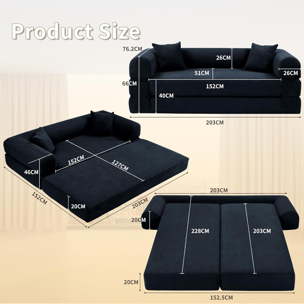 80" Convertible Sofa Bed, 3-in-1 Corduroy Folding Pull Out Couch with Pillows, No Assembly Modern Boneless Couch Compression Sofa in Box, Floor Sofa with Side Storage Pocket for Living Room,Navy Blue