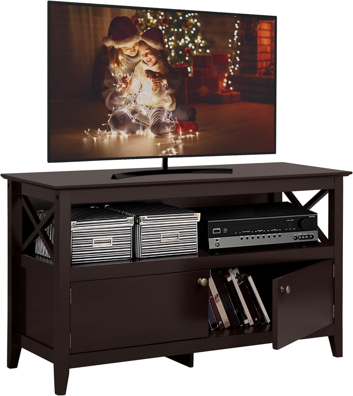 Yaheetech Wooden TV Stand for TVs Up to 48 inch, Media Entertainment Center Table, TV Cabinet Table with Storage Open Shelf & 2 Doors for Living Room, Espresso