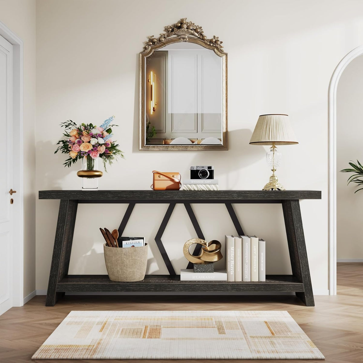 Tribesigns 70.86-Inch Long Sofa Table for Living Room, 2-Tier Narrow Console Table with Storage, Wood Foyer Entryway Couch Table for Hallway, Entrance (Dark Gray)