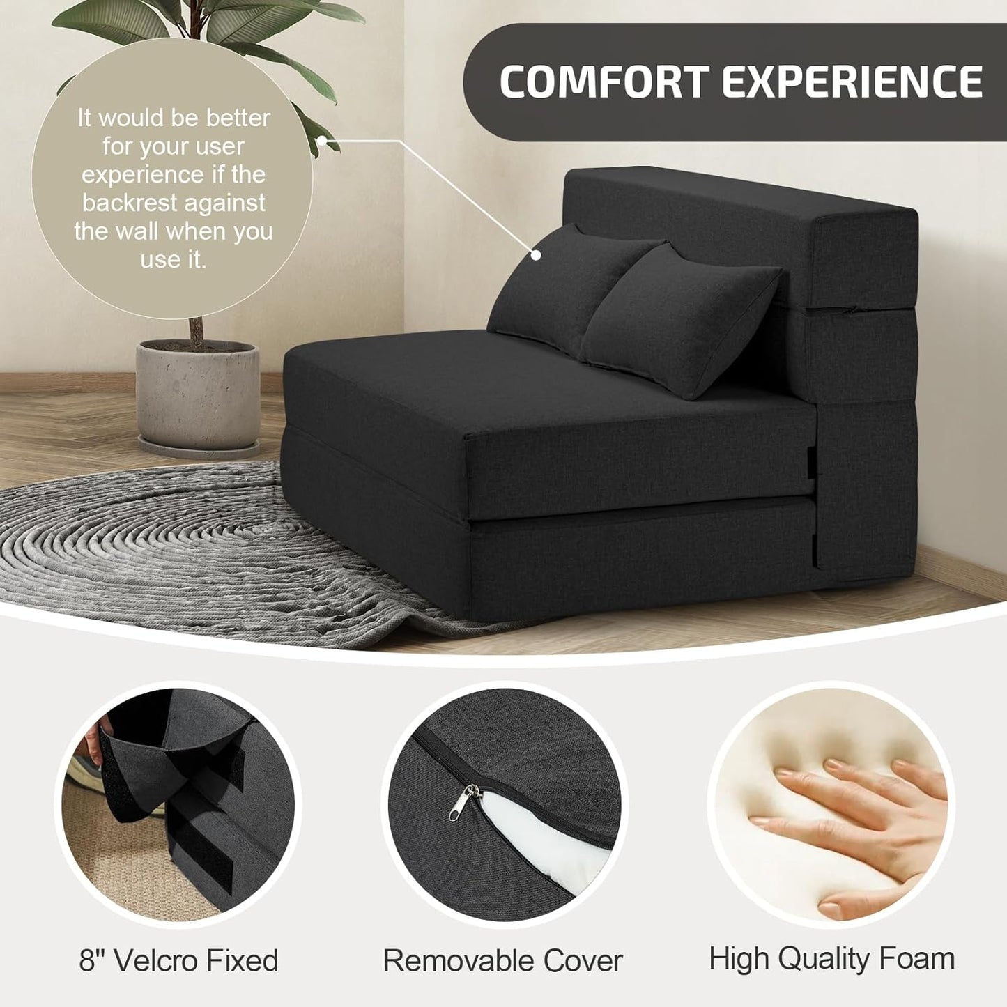 Folding Sofa Bed with Pillows- Convertible Chair Floor Couch & Sleeping Mattress, Foldable Memory Foam Sleeper for Living Room/Dorm/Guest Room/Home Office/Apartment/Loft, Twin, Dark Gray