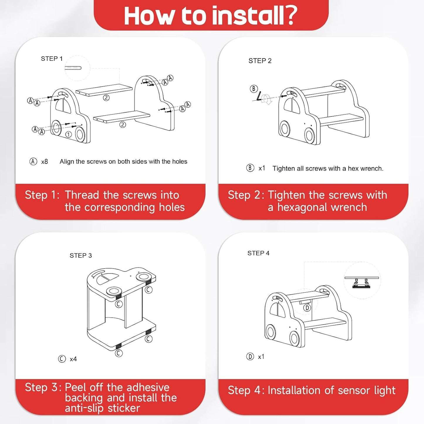 Wooden 2 Step Stool for Toddlers|Red Car Kids Stool with Handle and Non-Slip Sticker,Safety Bathroom Sink Stepstool for Boys & Girls,Children Foot Stool for Kitchen, Bedroom,and Toilet Training