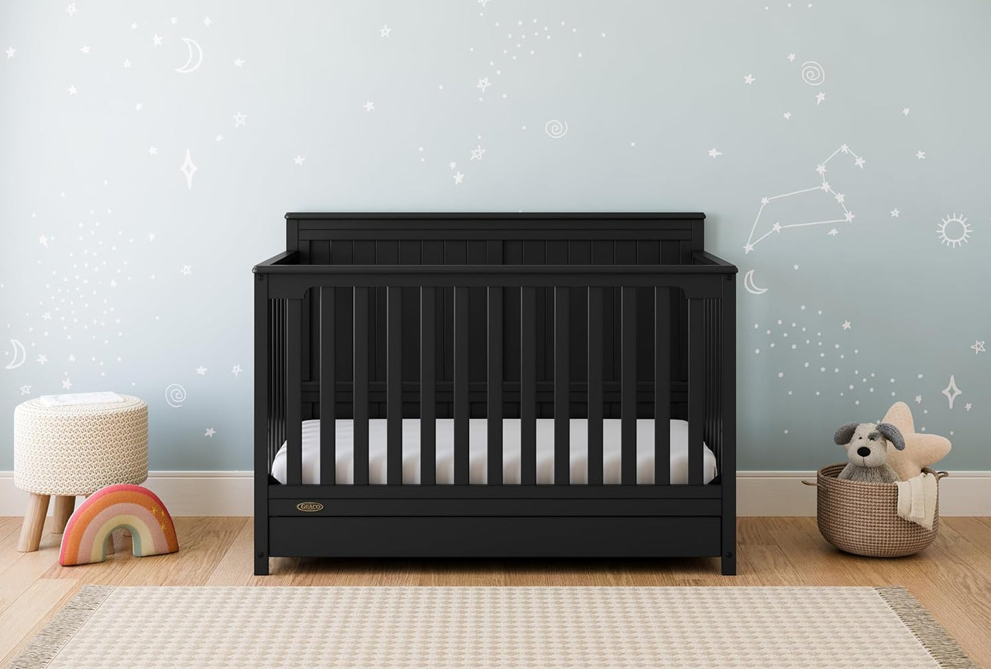 Graco Hadley 5-in-1 Convertible Crib with Drawer (Black) – Combo, Includes Full-Size Nursery Storage, Converts from Baby Crib to Toddler Bed, Daybed