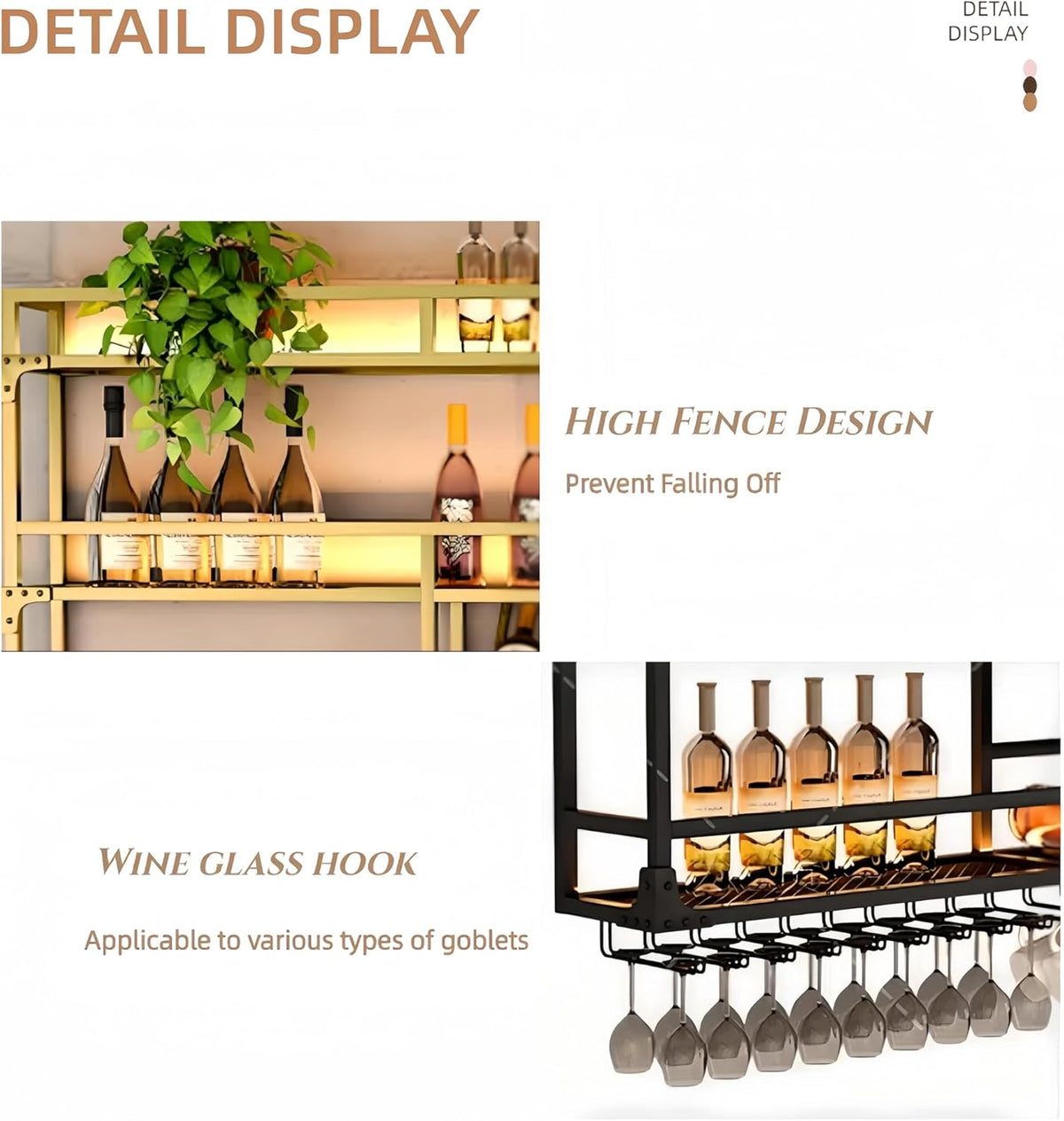 Metal Wall-Mounted Wine Rack with LED Light - 3 Tier Wine Storage Display Rack with Glass Holder - Space-Saving Bottle Display Shelf for Home Bars, Dining Rooms(Gold, 39in/100cm)