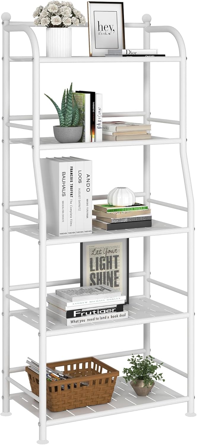 5 Tier Metal Shelf Storage Shelves Living Room Bookshelf Bathroom Corner Storage Rack for Kitchen,Indoor Plant Stand (Matte White, 5 Tier)