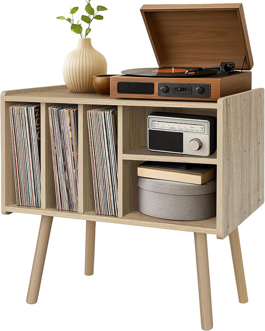 Record Player Stand with Vinyl Storage, Wooden Record Player Table with 5 Cabinet, Large Vinyl Record Player Stand, Record Player Holder, Record Player Shelf for Office Living Room, White Oak