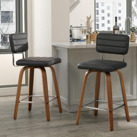 Counter Height Bar Stools Set of 2 Wood Swivel Bar Stools for Kitchen Island Modern Square Barstools with Leather Back Cushion Industrial Vintage Bar Chair Rustic Furniture for Home Pub 26 Inch Grey