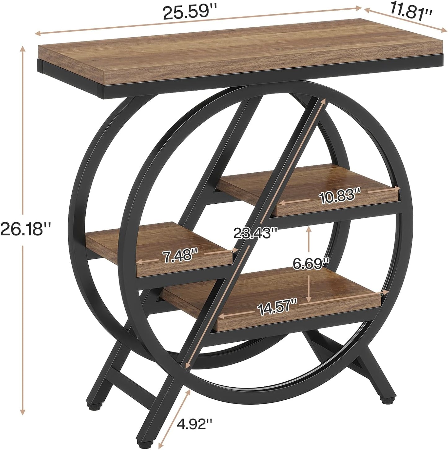 Tribesigns End Table for Living Room, 3-Tier Narrow Side Table with Storage, Wood Sofa Side Table with Geometric Metal Frame, Industrial Nightstand and Bedside Table for Bedroom, Light Brown
