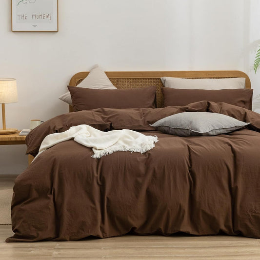 BESTOUCH Duvet Cover Set 100% Washed Cotton Linen Feel Super Soft Comfortable Chic Lightweight 3 PCs Home Bedding Set Solid Cocoa Brown Super King