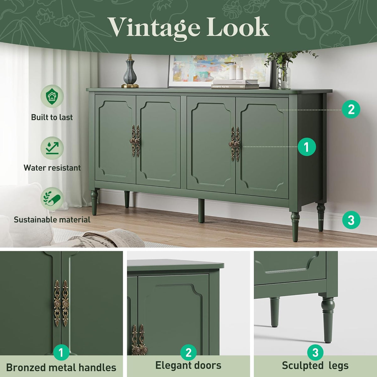 Large Sideboard Buffet Cabinet with Storage: 58'' Modern Credenza Buffet Table Coffee Bar Wine Bar Storage Sideboard with 4 Doors for Dining Room Living Room (Forest Green)
