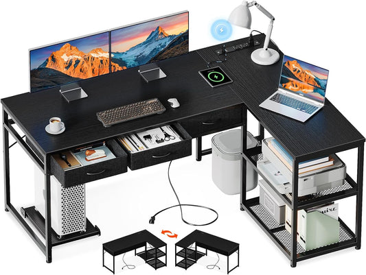 AODK 53 Inch L Shaped Computer Desk with Drawers, Corner Desk with Power Outlets & Reversible Storage Shelves, Movable CPU Stand for Home Office Gaming, Black