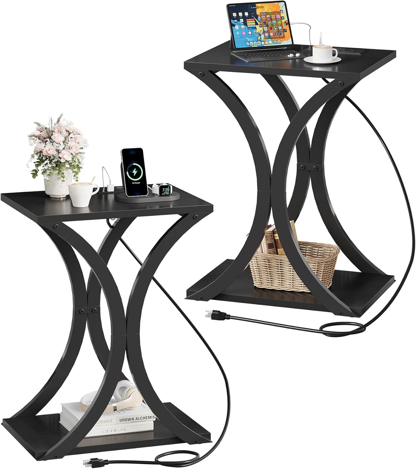 End Table with Charging Station, 2-Tier Modern Side Table Set of 2, Nightstand with Storage Shelf, for Small Spaces, for Bedroom, Living Room, Home Office, Black TBZ20UP2BB