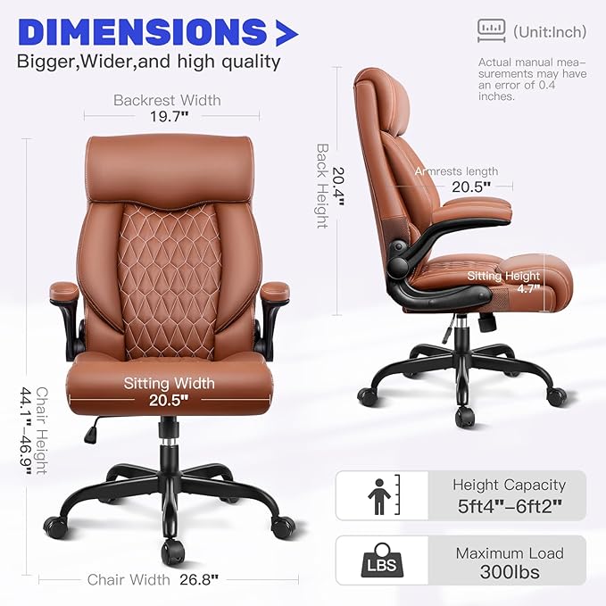 High Back Executive Office Chair - Ergonomic Computer Desk with Rocking Function, Leather Managerial with Adjustable Flip-Up Armrests and Lumbar Support