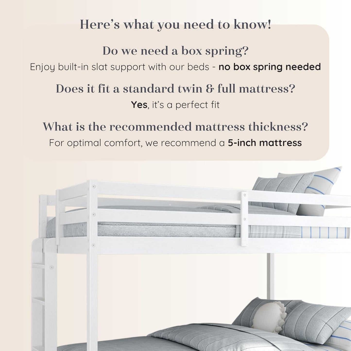 Grain & Grove Bear Twin Over Full Bunk Bed, Sturdy Bunk Bed Frame for Kids, Plywood Bunk with Ladder, Guardrail, and Slats, No Box Spring Required, Brushed White