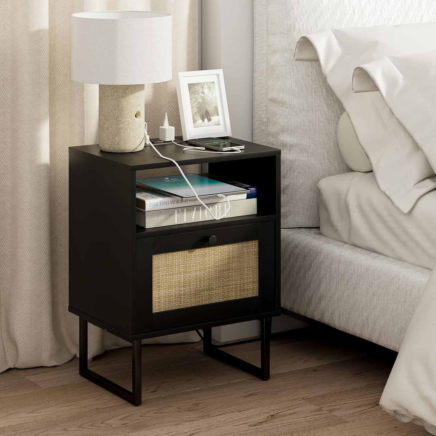 Masupu Extra Large Rattan Nightstand,Boho Night Stand Modern Farmhouse Wood Bedside Table with Storage Drawer and Open Shelf,Side End Table for Bedroom,Living Room,Black