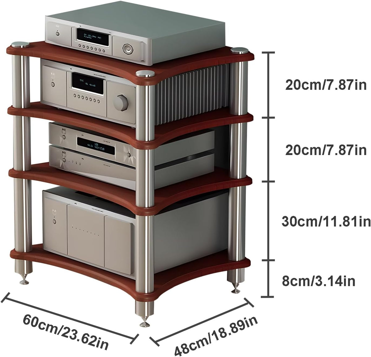 4-Tier AV Media Stand, Stereo Racks and Stands, Video Component Cabinet Audio Rack Tower for DVD Player Game Console TV Box WiFi Routert (Dark Wood, 4-Tier)