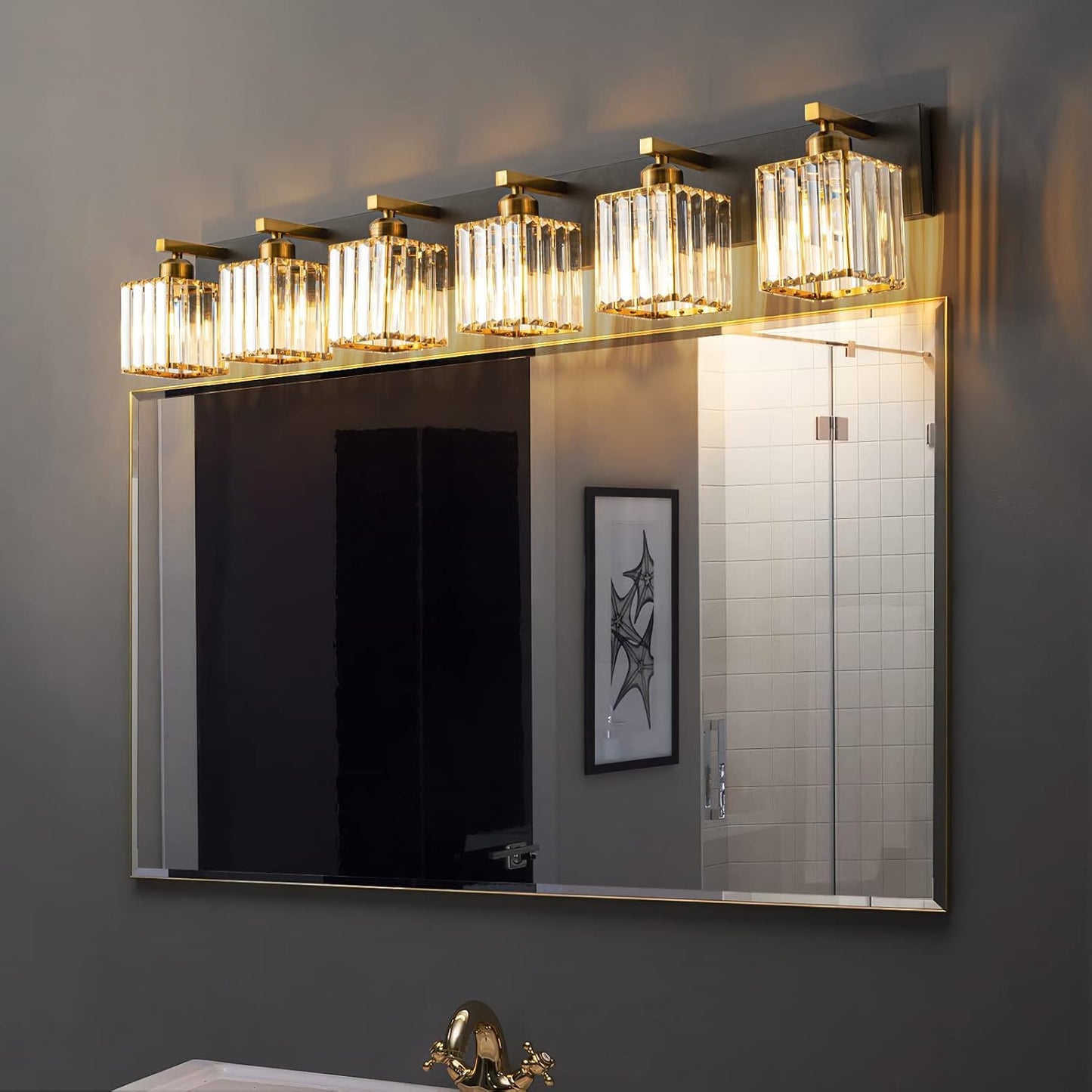 Modern Bathroom Vanity Light 6-Lights Black Gold Crystal Bathroom Wall Light Vanity Light Fixtures，44.09-inch Modern Minimalist Design