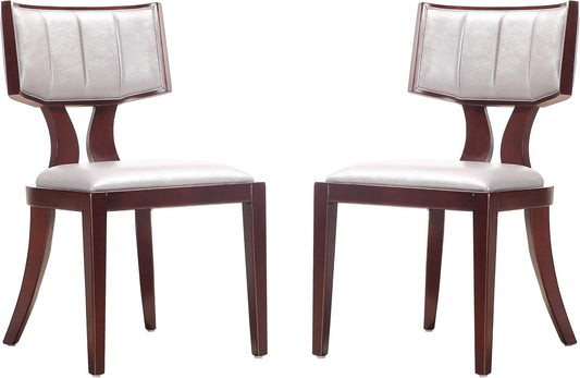 Manhattan Comfort Pulitzer Faux Leather Dining Chairs Set of 2, Solid Beech Wood with Walnut Finish, Iconic Greek Design, Fully Assembled Accent Kitchen Furniture, Silver