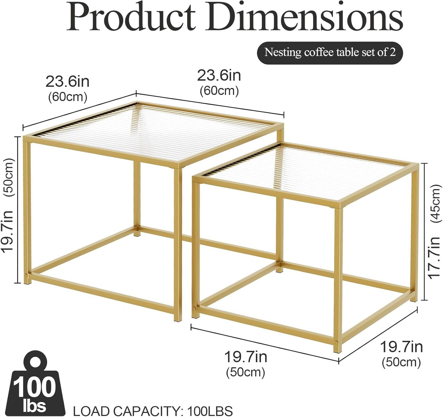 Garden 4 you Coffee Table Set of 2, Modern Patterned Glass Nesting Table, Metal Frame Square Center Table Set, Side Tables, Nesting Coffee Table for Living Room, Bedroom and Small Spaces, 23.6in Gold