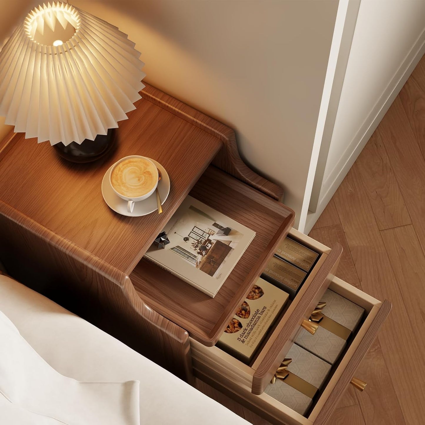 Wood Nightstand, Walnut Nightstand with 2 Drawers, Bedside Table for Bedroom